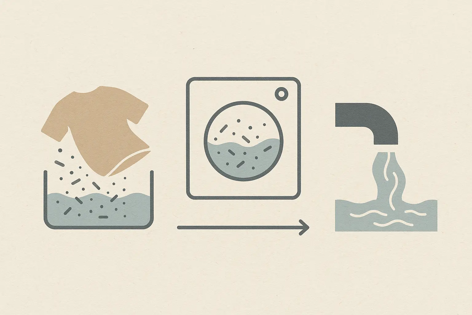 Schematische Darstellung, wie Mikrofasern beim Waschen aus Textilien ins Abwasser gelangen