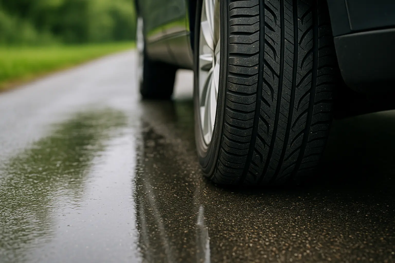 Detailaufnahme eines Autoreifens auf nassem Asphalt als Hinweis auf Reifenabrieb im Alltag