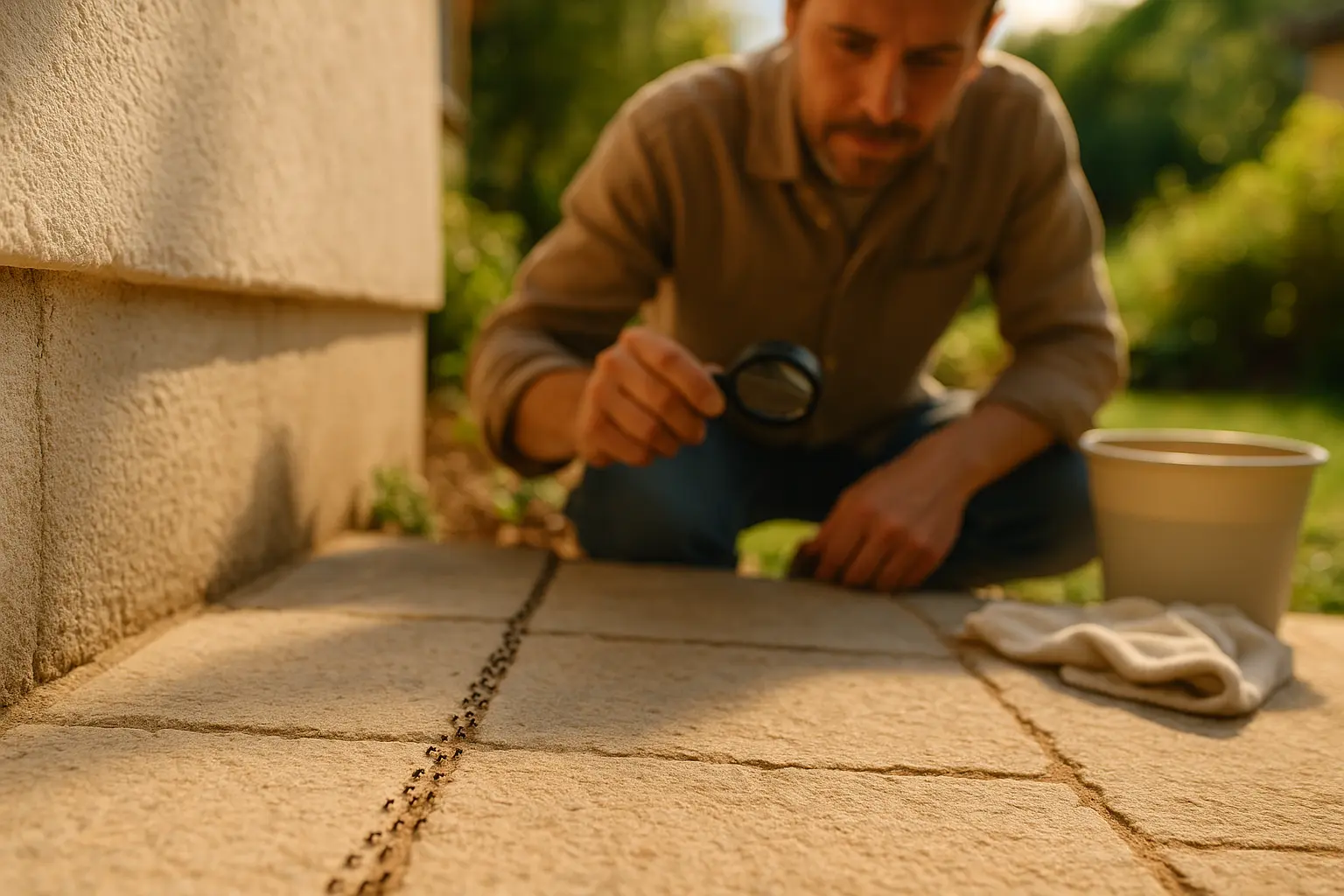Ameisenstraße entlang einer Terrassenfuge am Haus, eine Person beobachtet die Spur im Garten bei natürlichem Licht