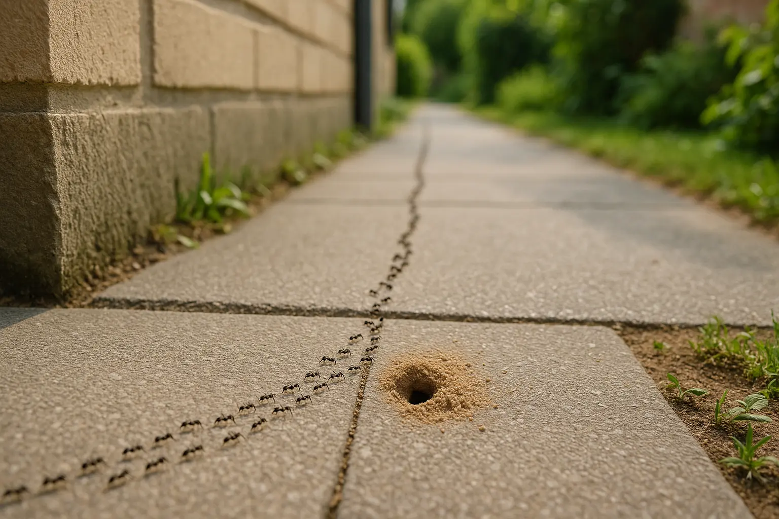 Ameisenstraße an einer Pflasterfuge mit kleinem Nesteingang und Sand-Auswurf