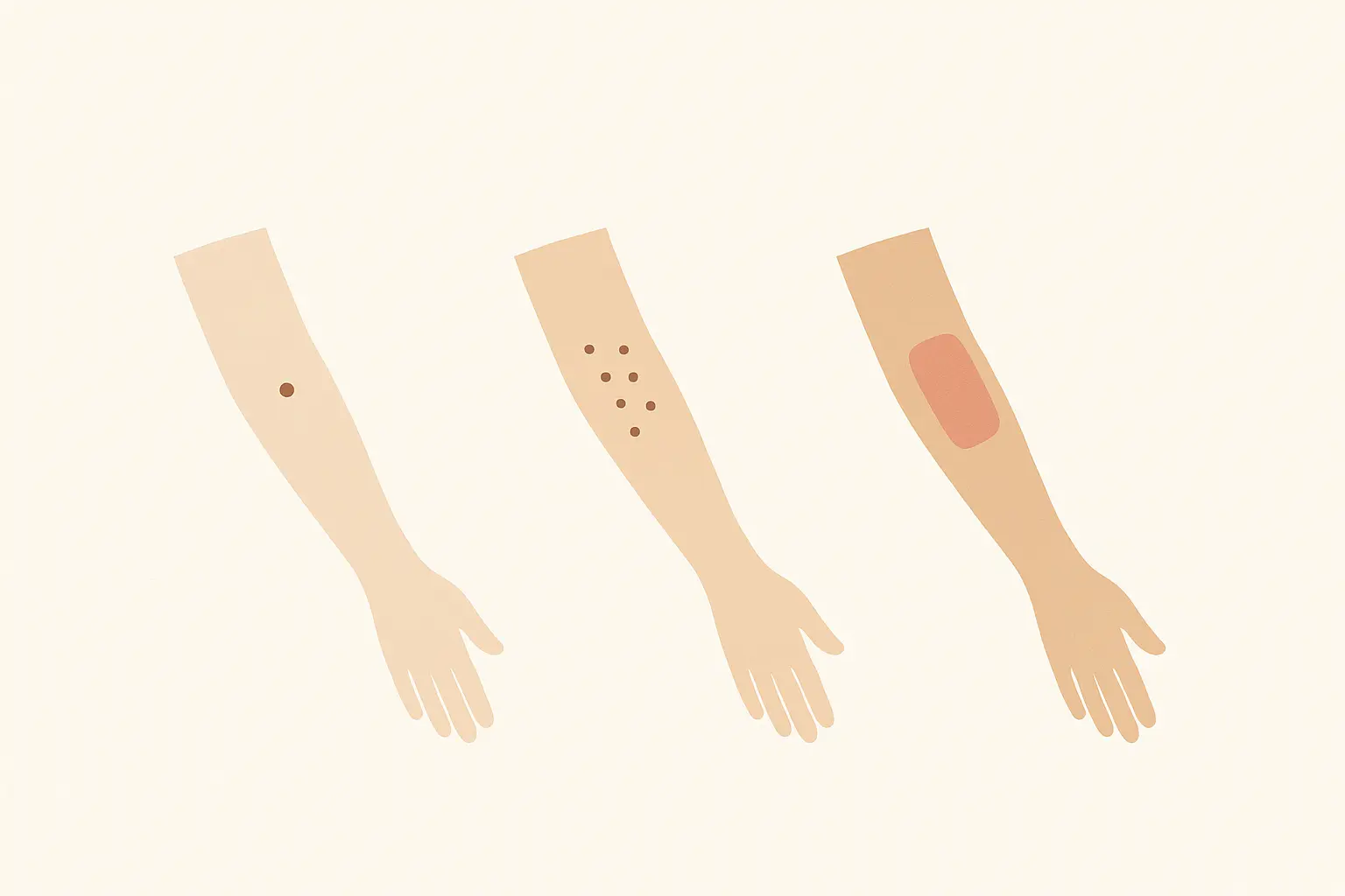 Schlichte Grafik mit Unterarm-Symbolen, die einen Patchtest vom kleinen Punkt zur größeren Fläche zeigt