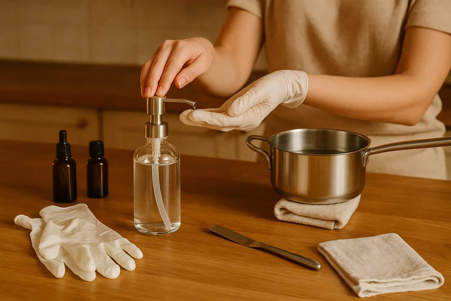Saubere DIY-Pflegestation mit Pumpspender, Spatel und Glasfläschchen auf einer Arbeitsfläche