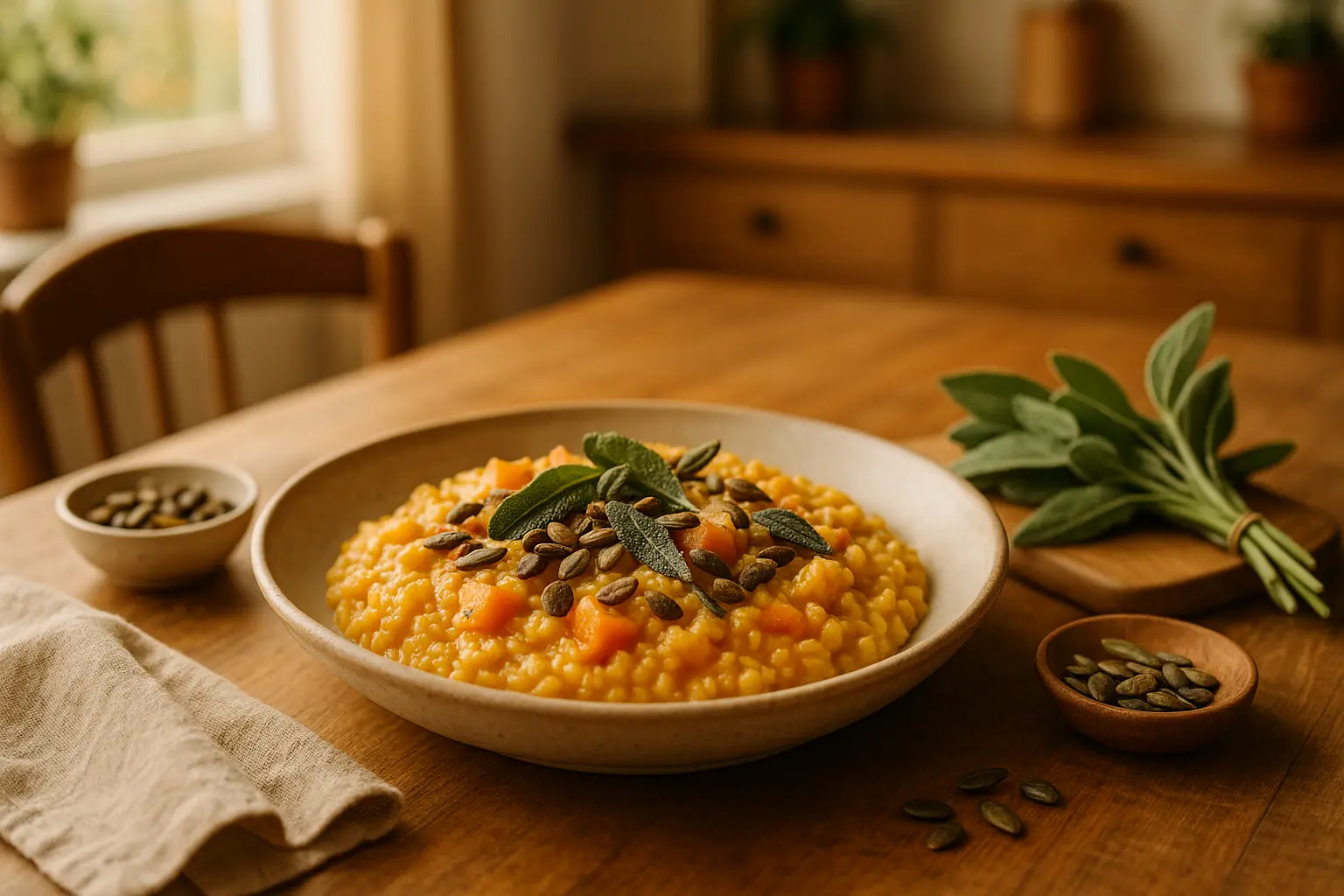 Schale mit cremigem Kürbis-Risotto, garniert mit Salbei und gerösteten Kürbiskernen, auf einem Holztisch im warmen Tageslicht