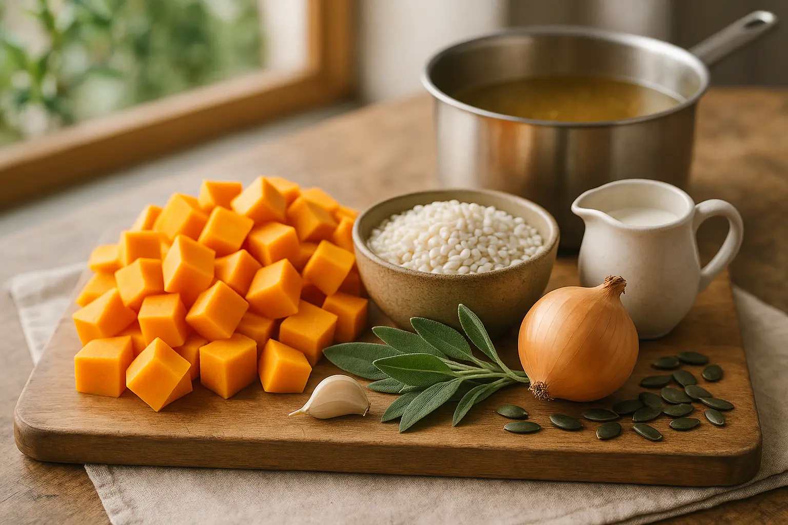 Vorbereitete Zutaten für Kürbis-Risotto mit Reis, Kürbiswürfeln, Salbei, Hafercuisine und Kürbiskernen auf einem Holzbrett