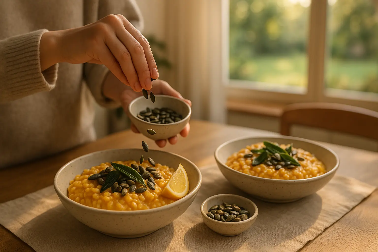 Zwei Schalen cremiges Kürbis-Risotto mit Salbei und gerösteten Kürbiskernen auf einem Esstisch im warmen Licht