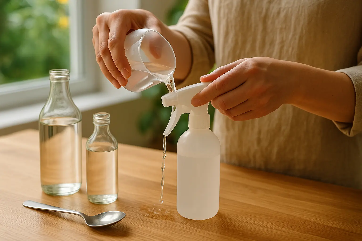 Hände verdünnen Essigessenz mit Wasser und füllen die Mischung in eine unbeschriftete Sprühflasche