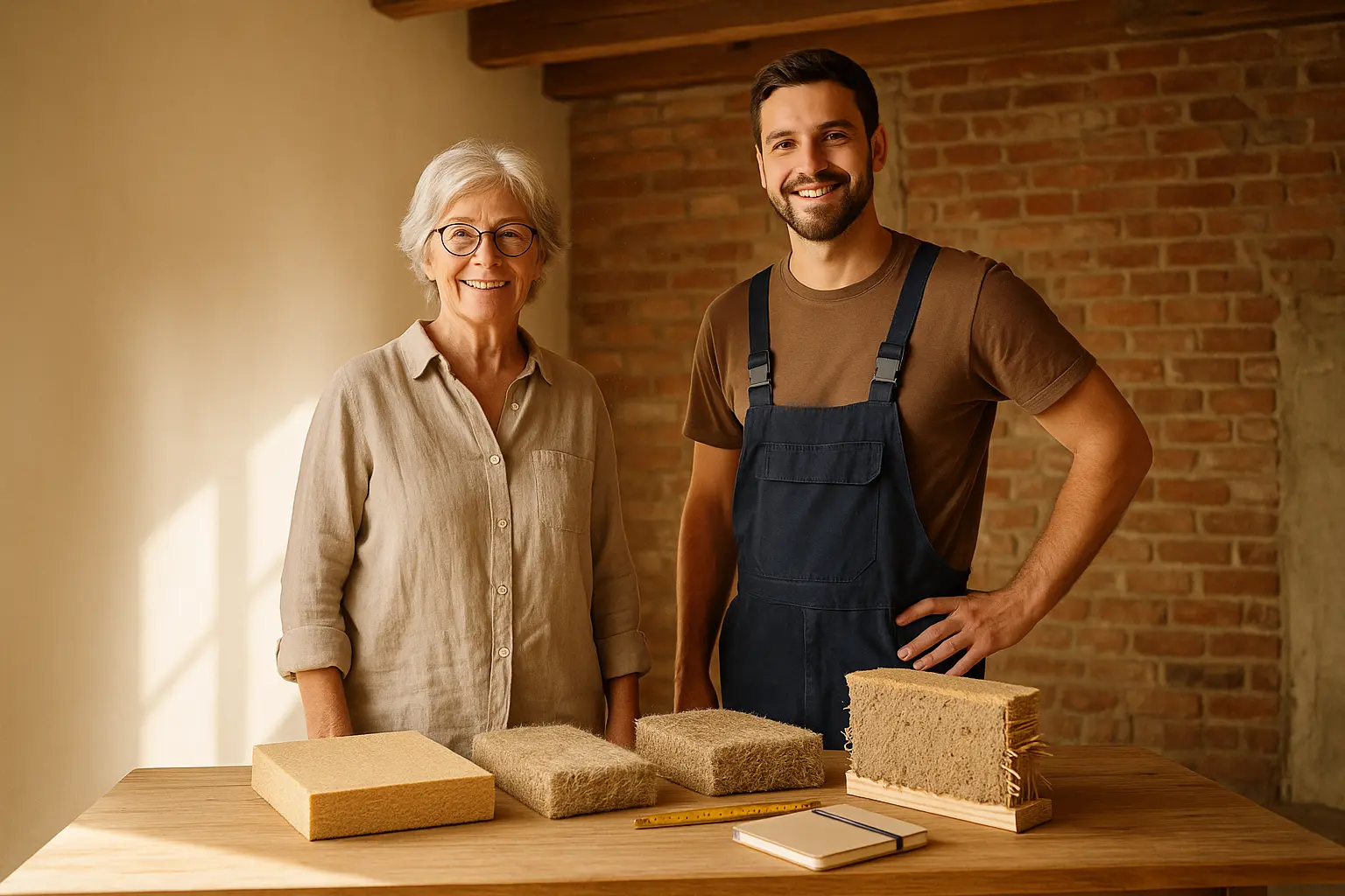 Musterstücke von Holzfaser, Hanf und Lehm auf einem Tisch in einem Altbau-Raum als Entscheidungshilfe für Dämmstoffe