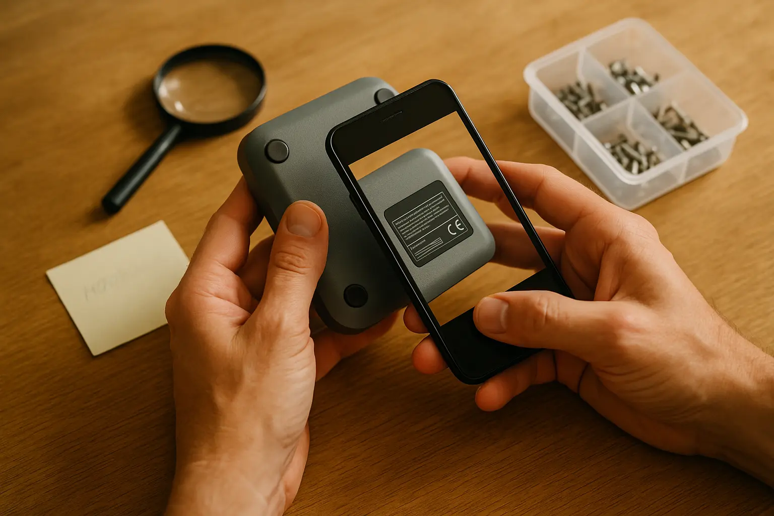 Primer plano: la placa de identificación de un dispositivo se fotografía con un smartphone; junto a ella hay una lupa y tornillos ordenados