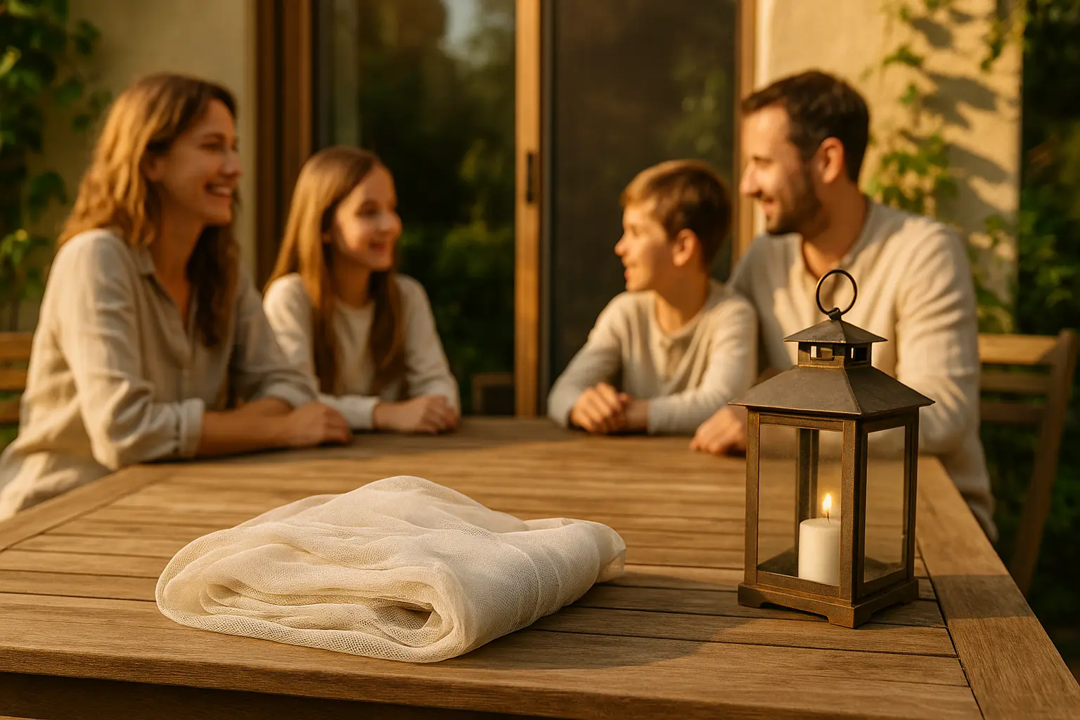 Familie auf der Terrasse am Sommerabend mit leichter langer Kleidung, Moskitonetz und sichtbarem Insektenschutzgitter als...