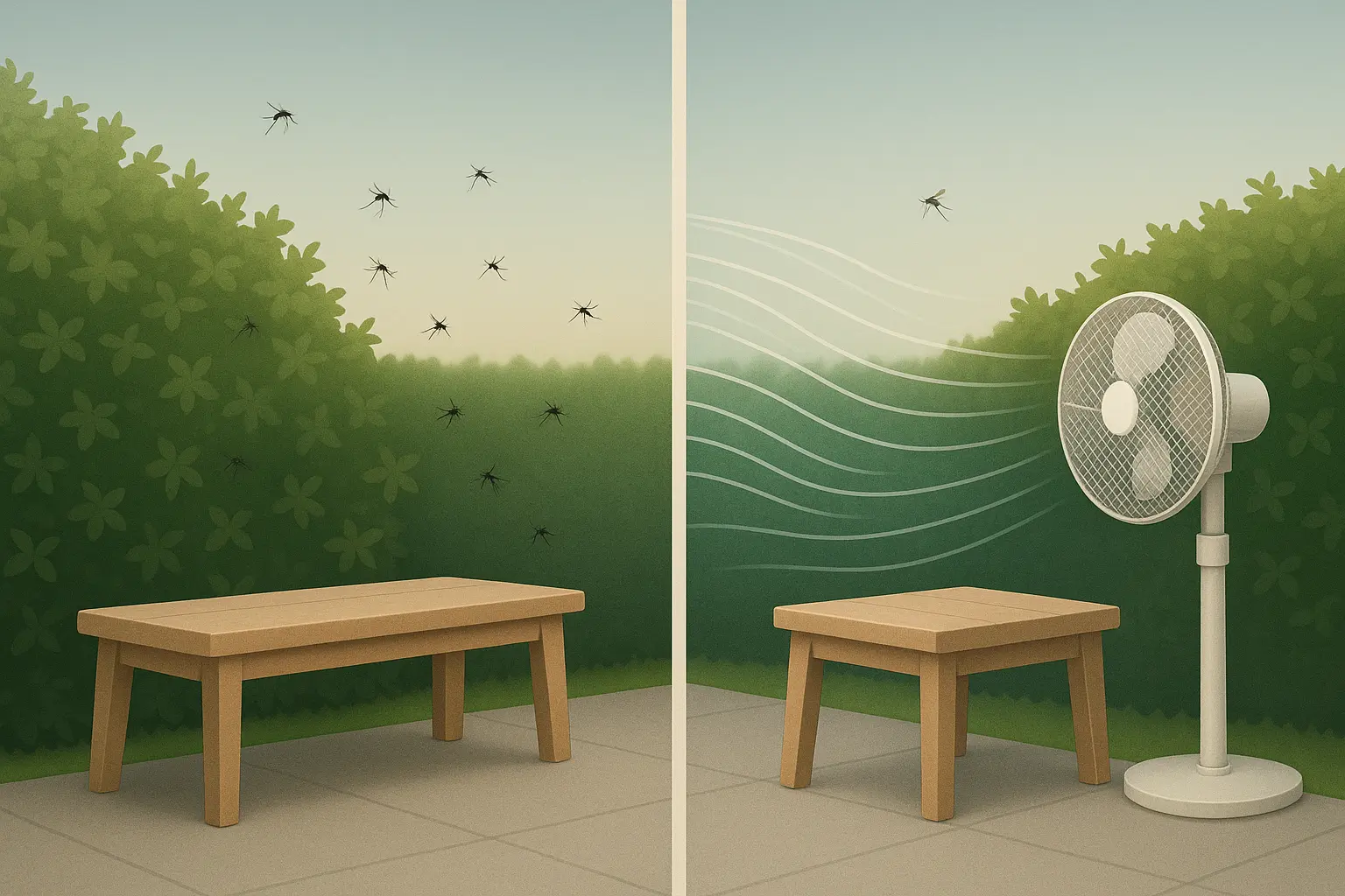 Vergleich: windstiller Sitzplatz versus Sitzplatz im Luftstrom zur Reduktion von Mücken