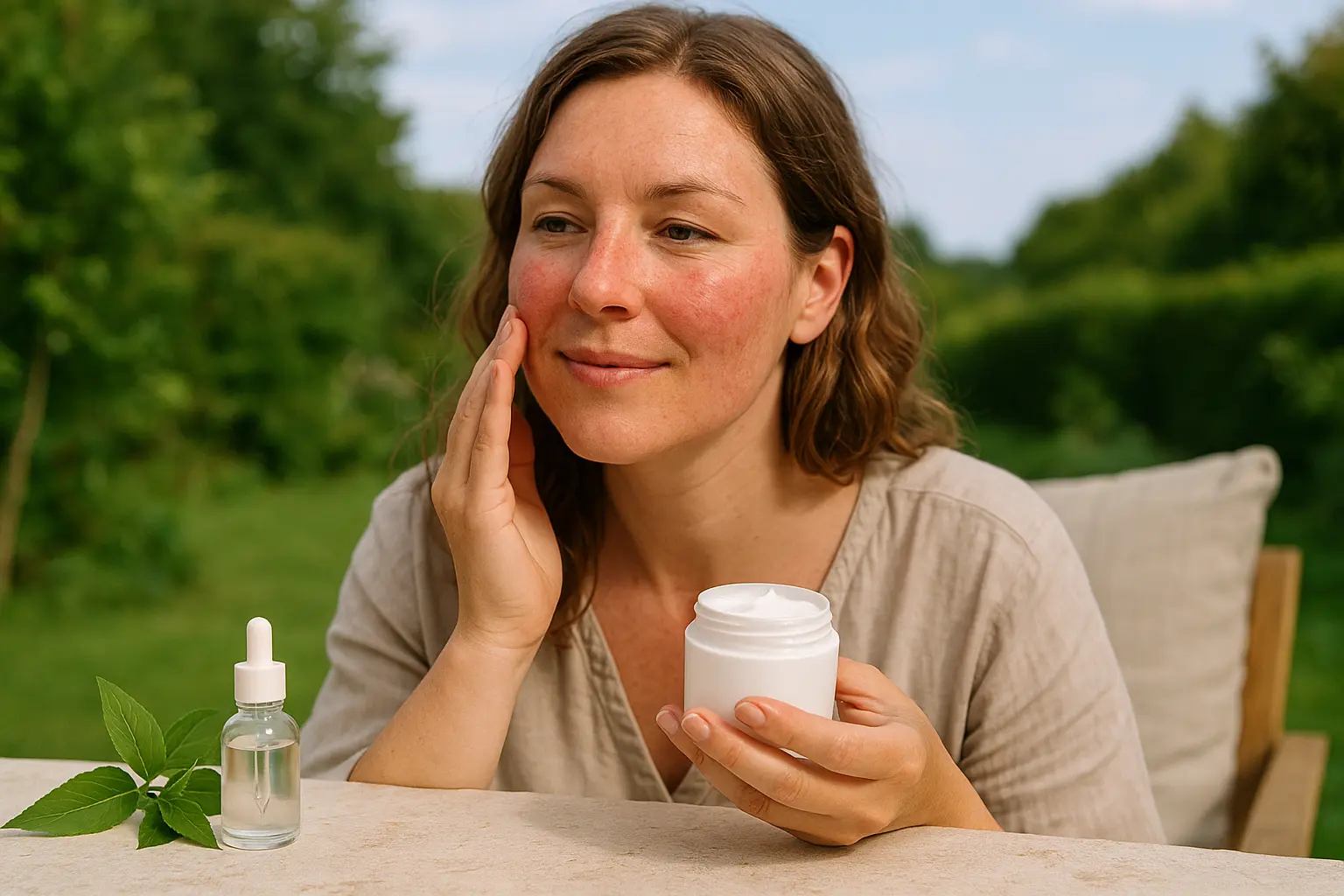 Person trägt in einem hellen Badezimmer eine kleine Menge Creme auf rosacea-empfindliche Wangenhaut auf; daneben stehen...