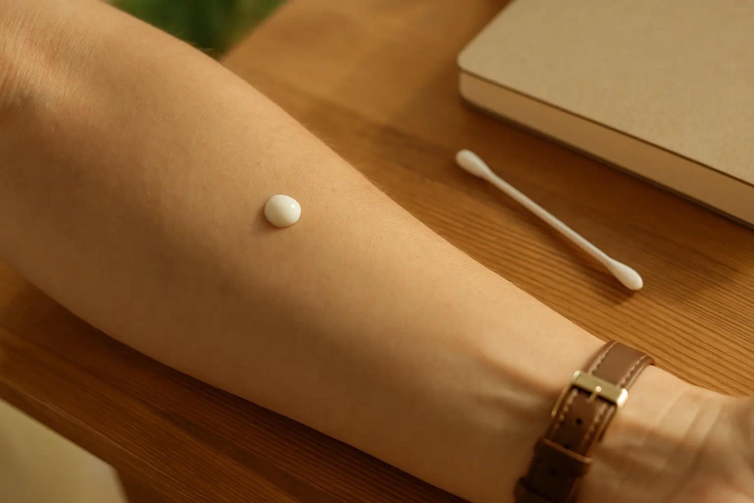Kleiner Creme-Punkt auf der Unterarm-Innenseite als Patchtest, daneben sauberes Wattestäbchen und Notizbuch.