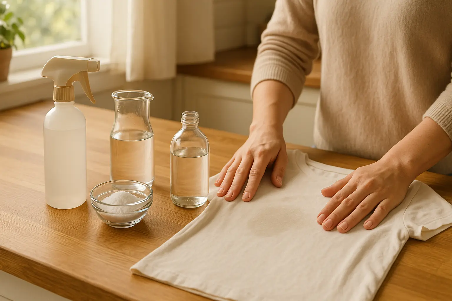 Sprühflasche und Zutaten für ein Fleckenspray aus Alkohol und Zitronensäure neben einem hellen T-Shirt zur Vorbehandlung...