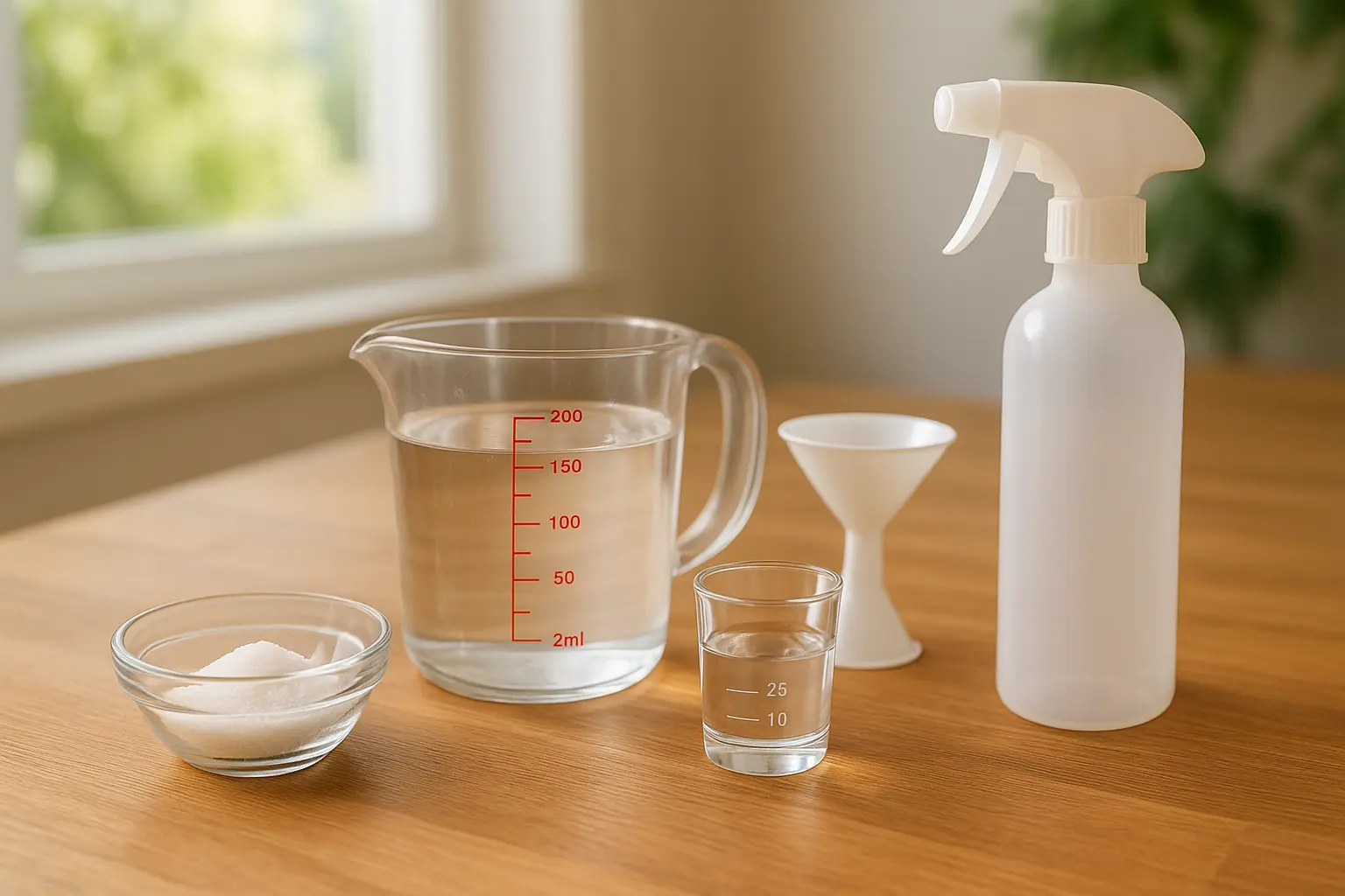 Abgewogene Zitronensäure, Wasser und Alkohol mit Trichter und Sprühflasche zum Ansetzen eines Fleckensprays