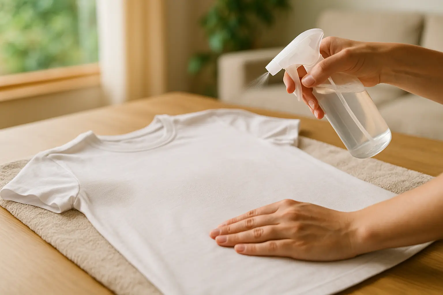 Fleckenspray wird auf den angefeuchteten Achselbereich eines hellen T-Shirts aufgesprüht