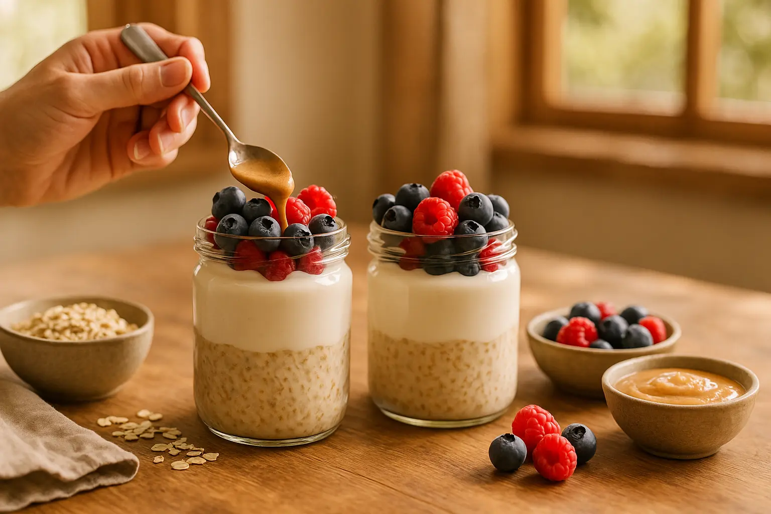 Zwei Gläser cremige Overnight Oats mit Tofu-Skyr-Alternative, Beeren und Nussmus auf einem Holz-Küchentisch im Morgenlicht