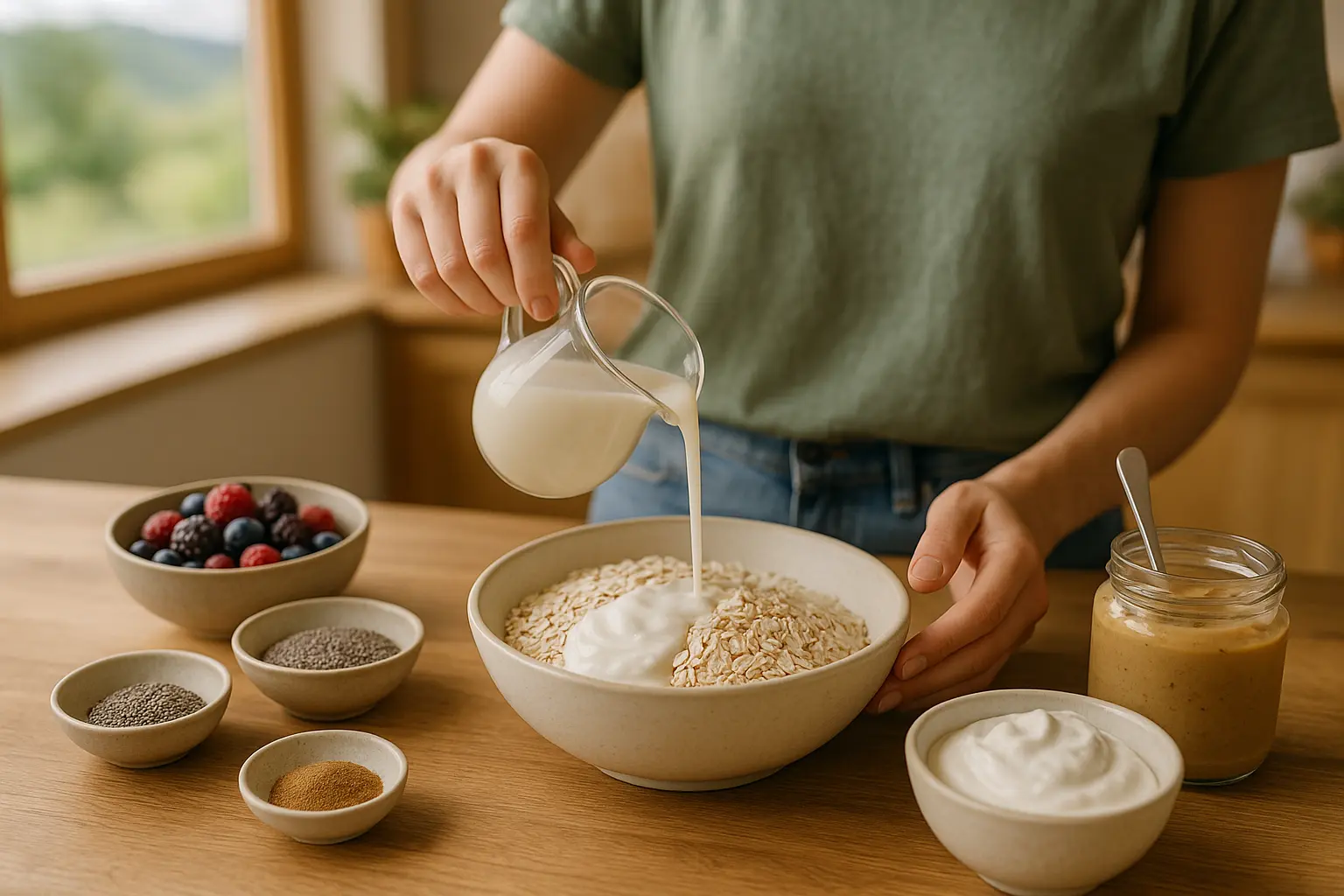 Zutaten für Overnight Oats: Haferflocken, Tofu-Skyr-Alternative, Pflanzendrink, Beeren, Nussmus und Samen auf Holz