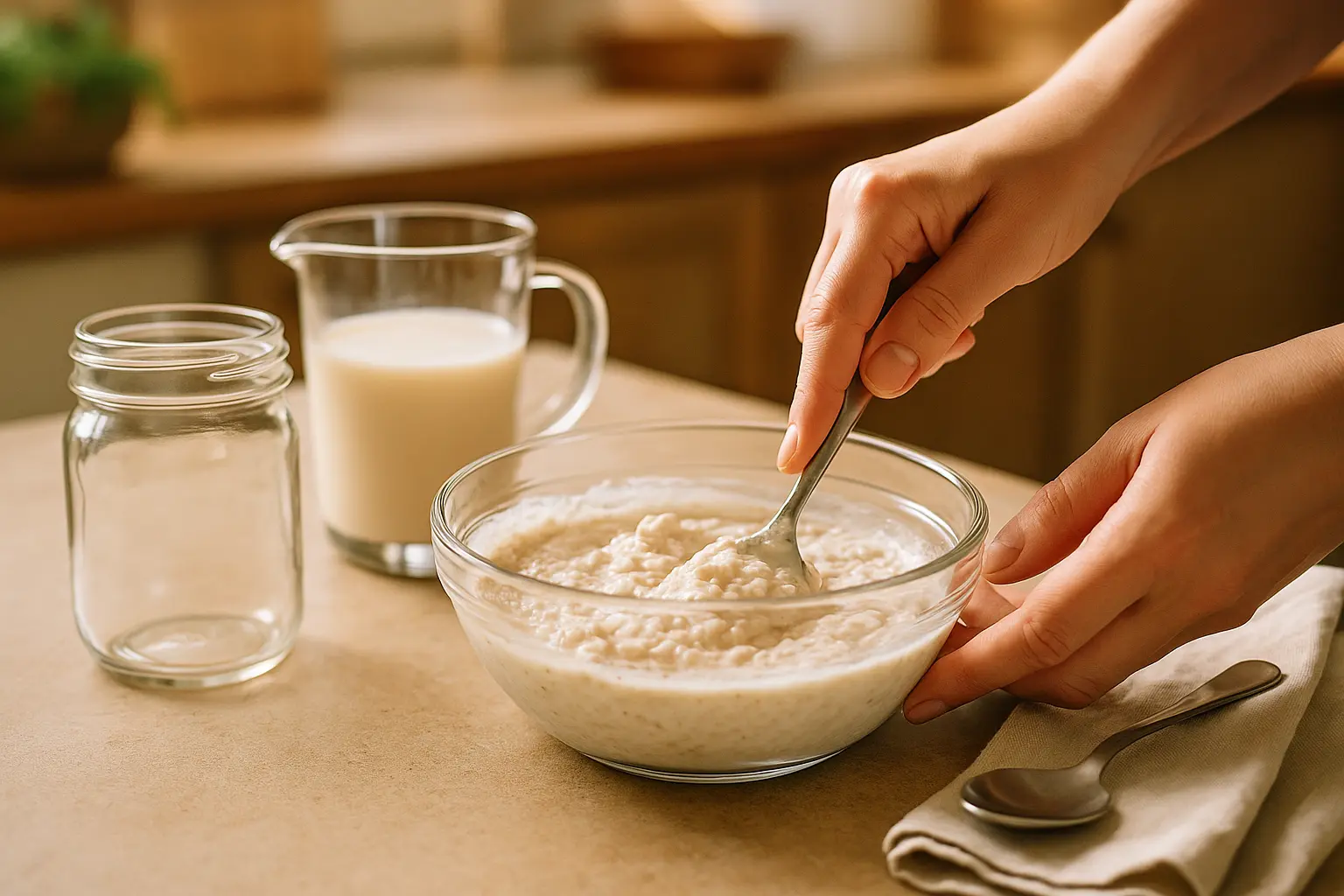 Des flocons d'avoine sont mélangés de manière crémeuse avec l'alternative Tofu-Skyr et la boisson végétale, puis versés dans un bocal