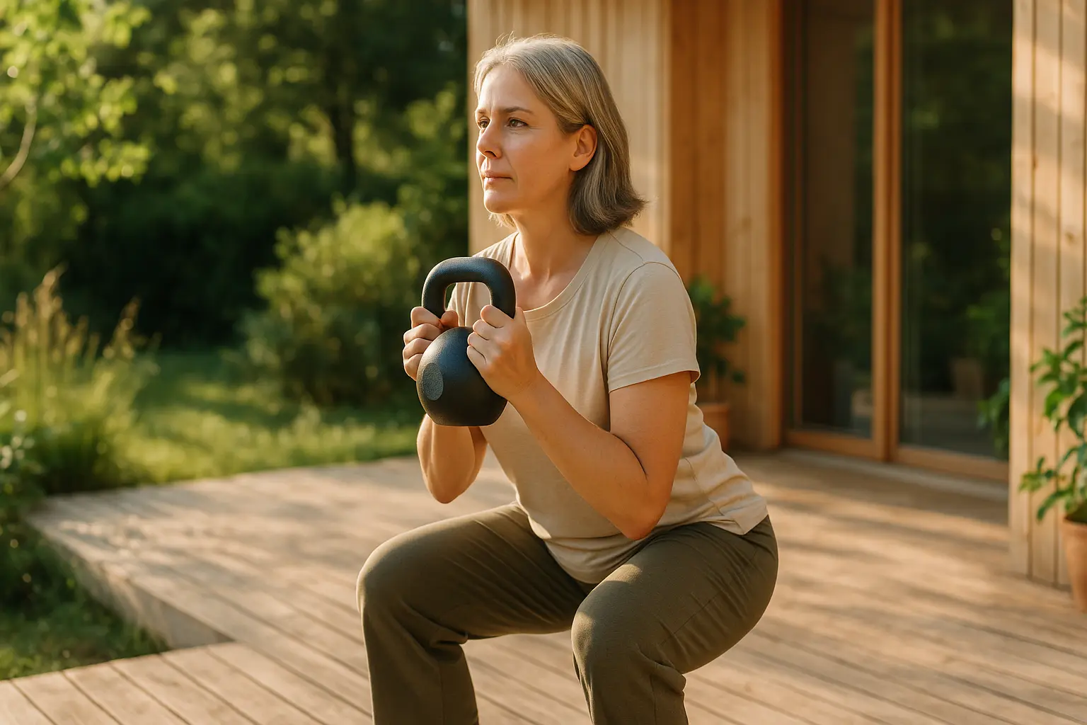 Person um die 50 macht gelenkschonendes Krafttraining mit Kettlebell auf einer Terrasse im Grünen