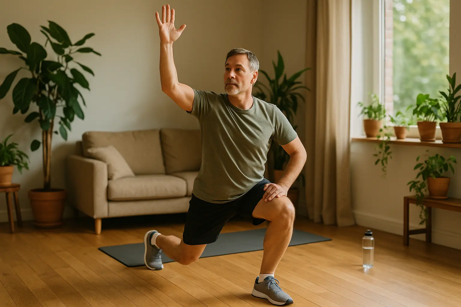 Person macht dynamisches Warm-up im Wohnzimmer vor dem Krafttraining