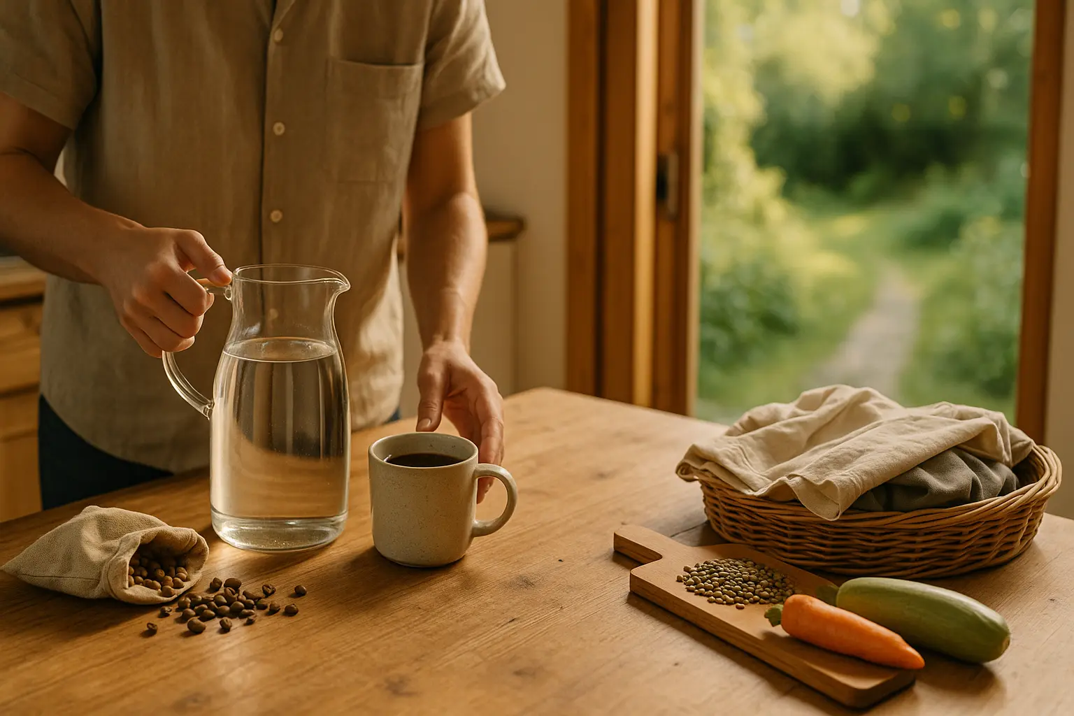 Alltagsszene mit Kaffee, Wasserkarafe und Secondhand-Kleidung auf Holztisch als Hinweis auf virtuellen Wasserverbrauch