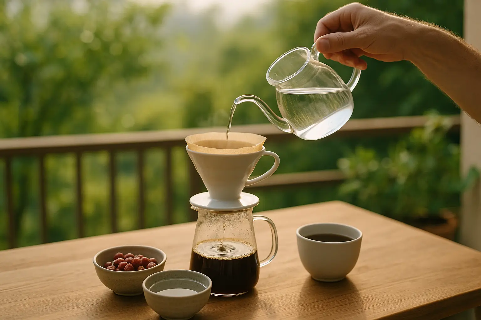 Handfilter-Kaffee auf einer Terrasse als Symbol für bewusste Portionierung und weniger Verschwendung