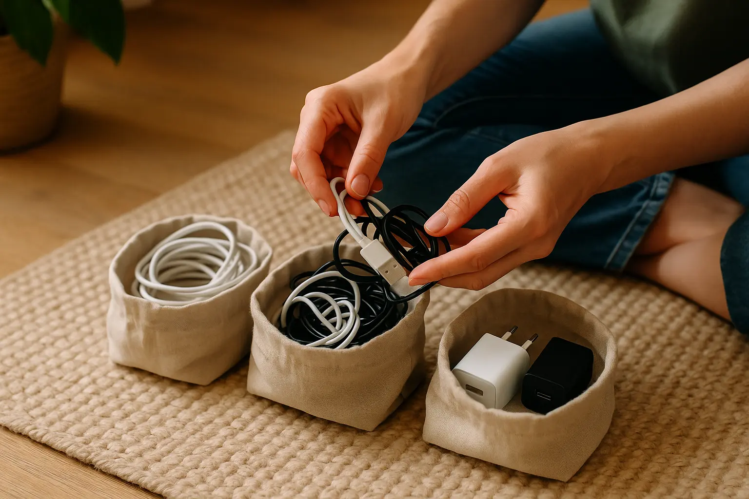 Hände sortieren Kabel und Ladegeräte in kleine Schalen, um Kleinkram zu reduzieren