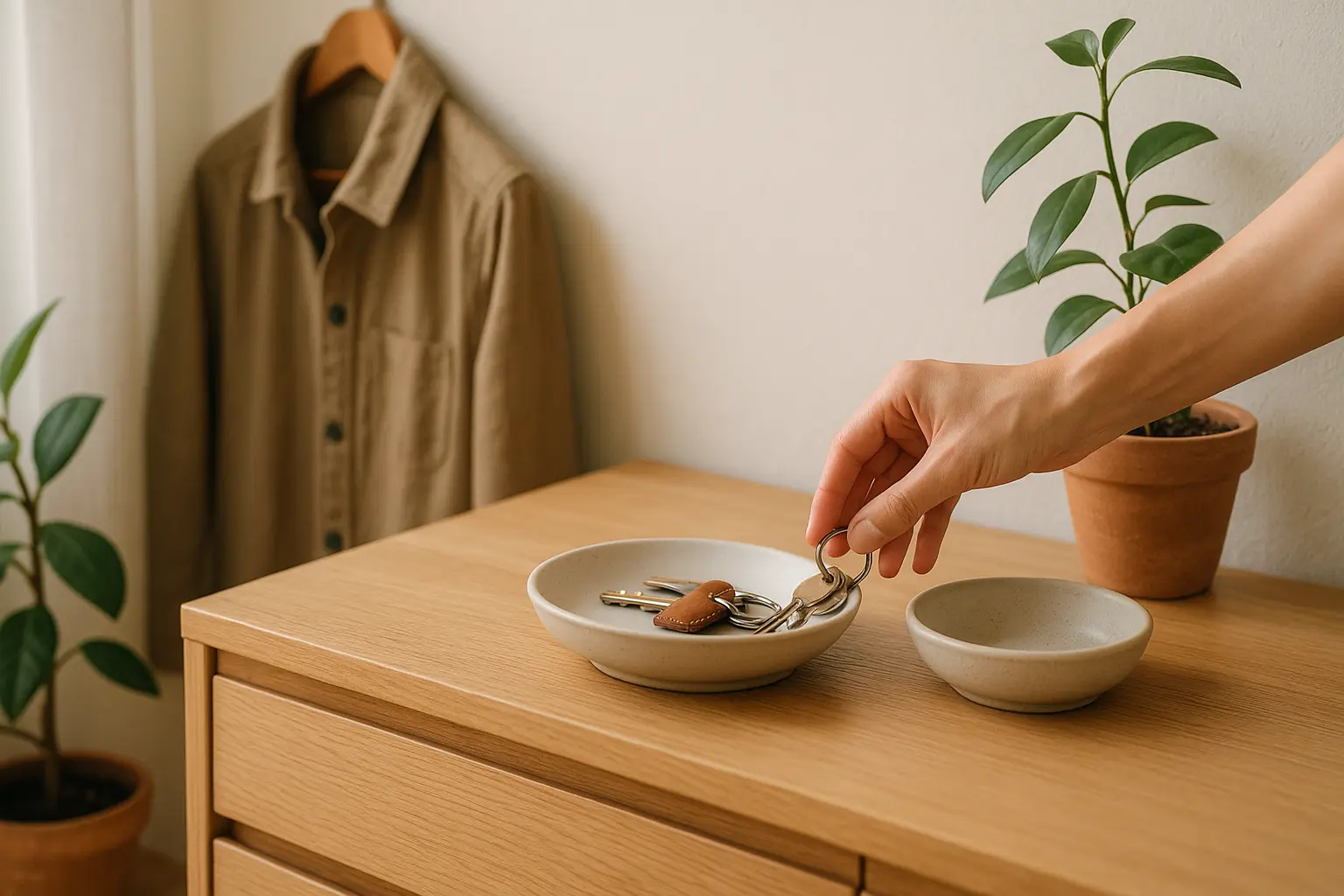 Aufgeräumter Flur mit Schale für Schlüssel als einfache Routine, um Ordnung zu halten