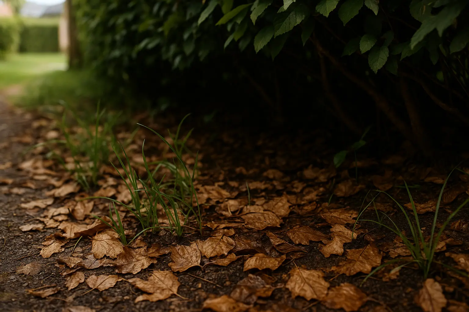 Schattiger Laub- und Krautsaum unter einer Hecke als typischer Zecken-Lebensraum im Garten.