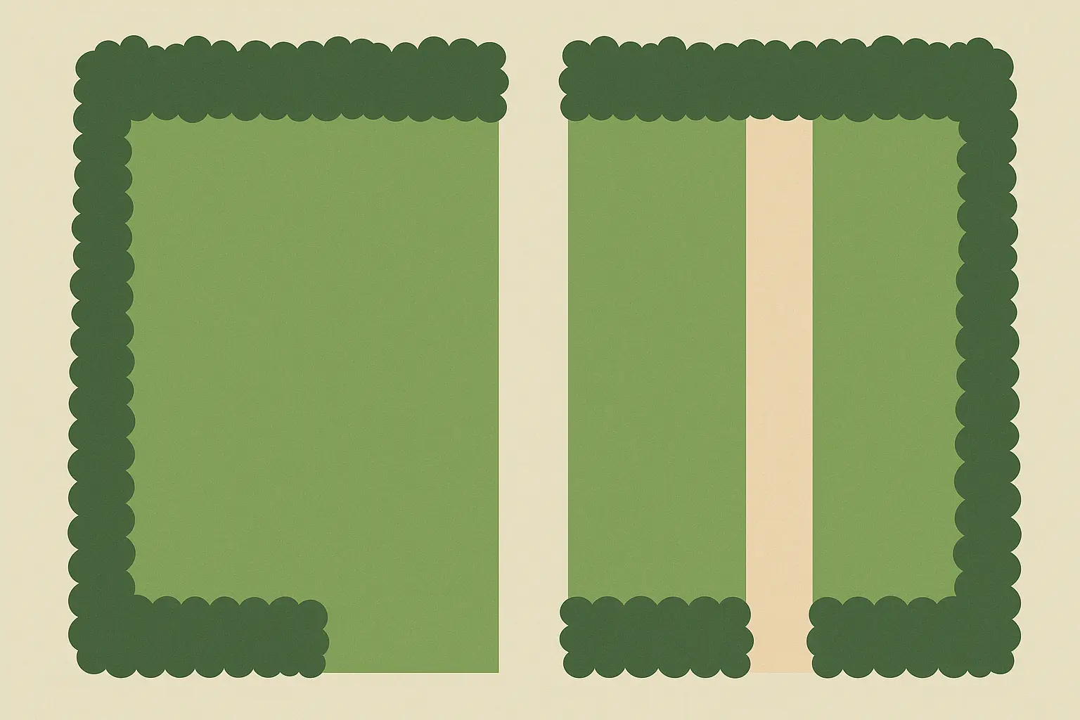 Text-free graphic: usable area directly at the woodland edge versus usable area with a buffer zone and path guidance.