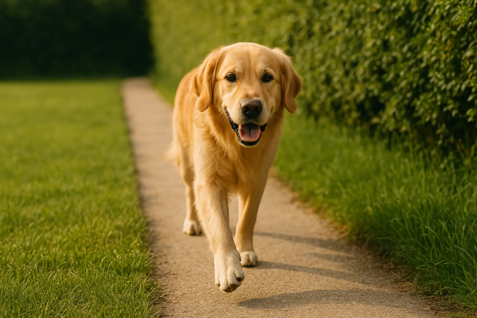 Hund läuft auf einem befestigten Gartenweg neben kurz gemähtem Randstreifen, mit Abstand zur hohen Vegetation.