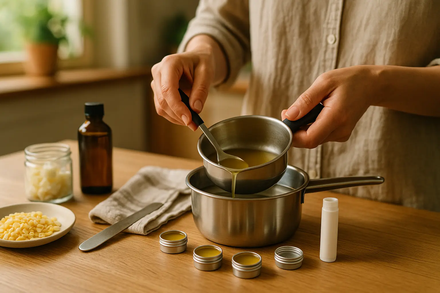 Hände füllen selbst gemachten Lippenbalsam aus Wachs und Pflanzenölen hygienisch in kleine Tiegel ab