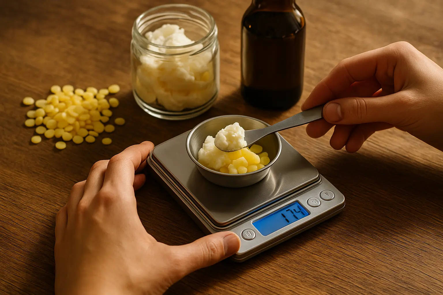 Ingredients for DIY lip balm being weighed on a precision scale