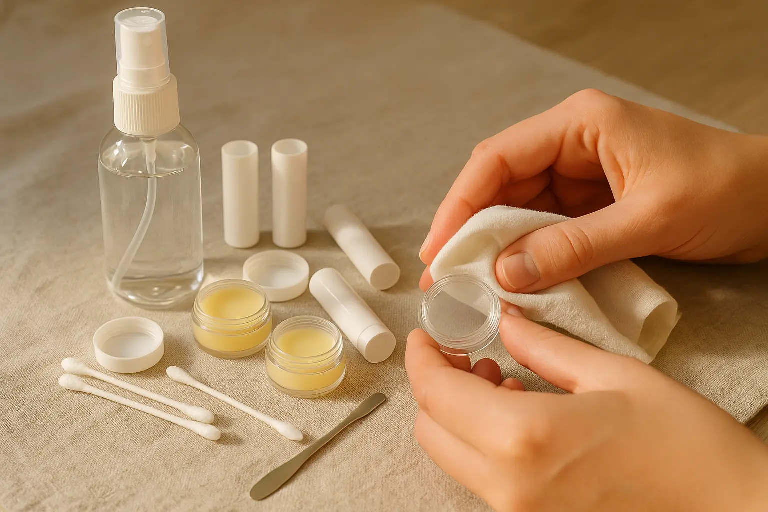 Prepared, cleaned tins and spatulas for hygienic filling of lip balm