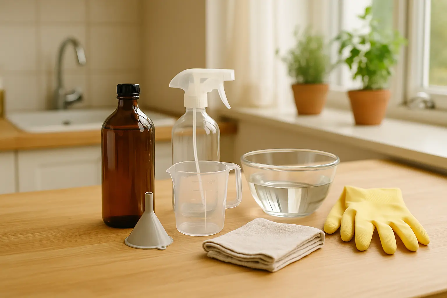Abfüll-Setup für selbst angesetzten Essigreiniger mit Sprühflasche, Messbecher, Trichter und Handschuhen auf einer...