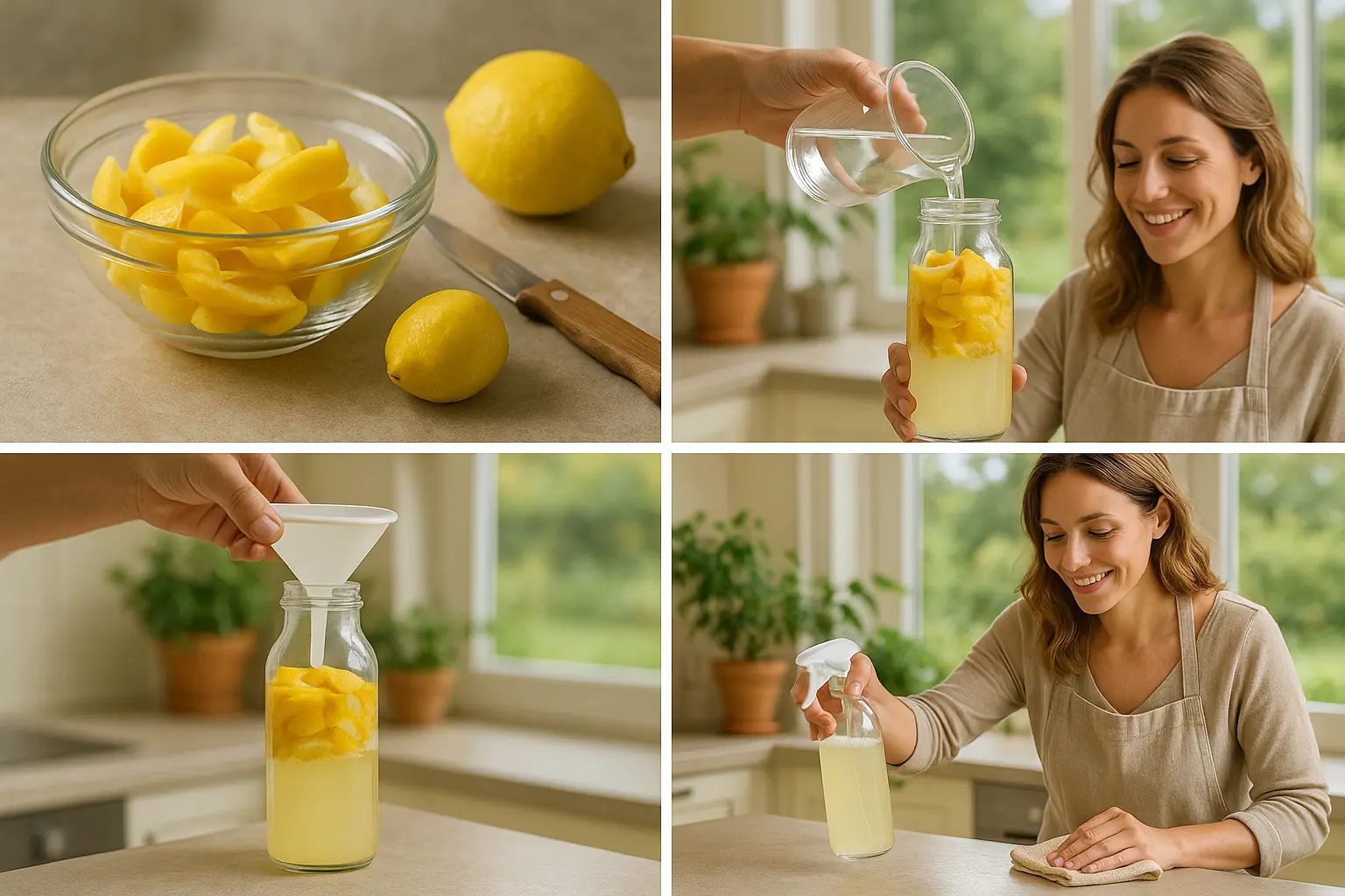 Essigessenz wird mit Trichter in eine Vorratsflasche gegossen, Handschuhe schützen beim Abfüllen