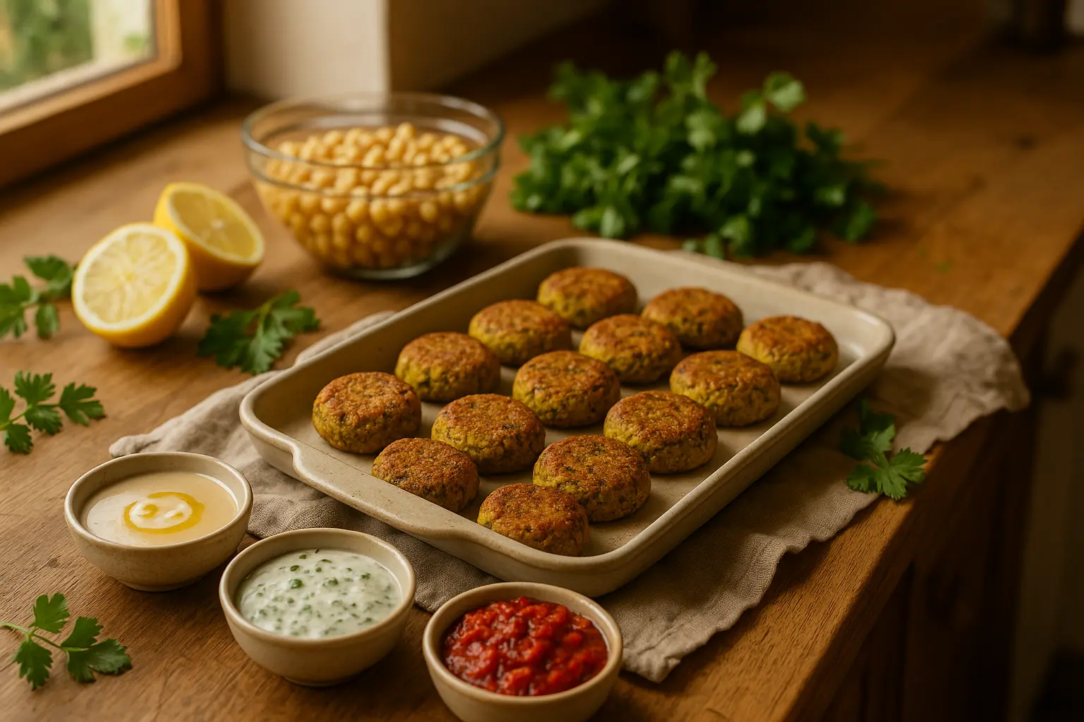 Goldbraun gebackene Falafel-Taler aus dem Ofen auf Blech und Keramikplatte, daneben drei Dips und frische Kräuter in...