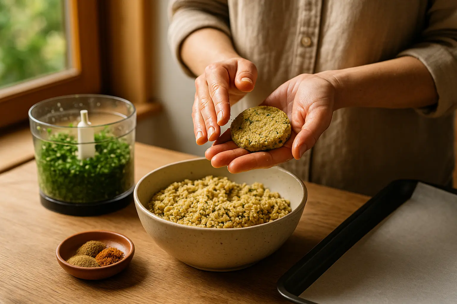 Falafel-Masse wird zu flachen Talern geformt, daneben Gewürze und Backblech zur Vorbereitung fürs Backen