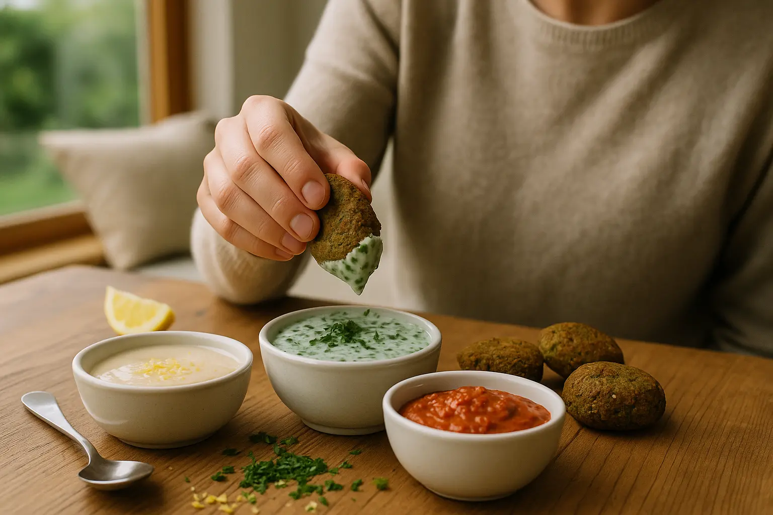 Drei Dip-Schälchen für Falafel: Tahini-Zitrone, Kräuter-Joghurt vegan und Tomaten-Paprika-Dip