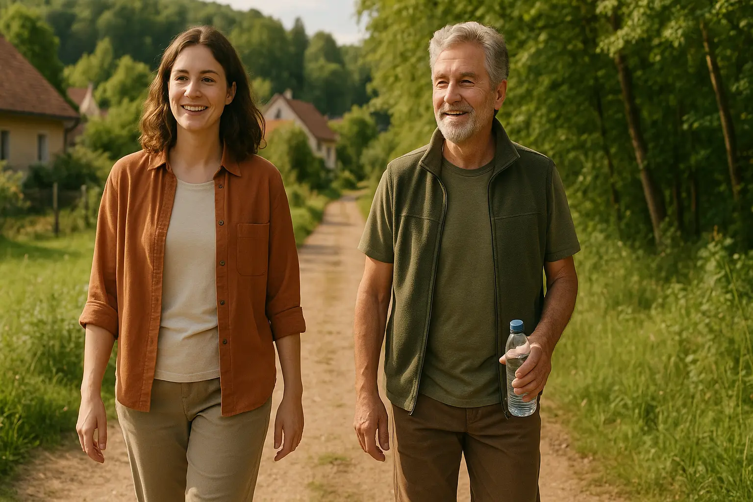 Zwei Erwachsene gehen entspannt auf einem Waldweg und sprechen miteinander – symbolisch für Alltagsbewegung und Schrittziele.