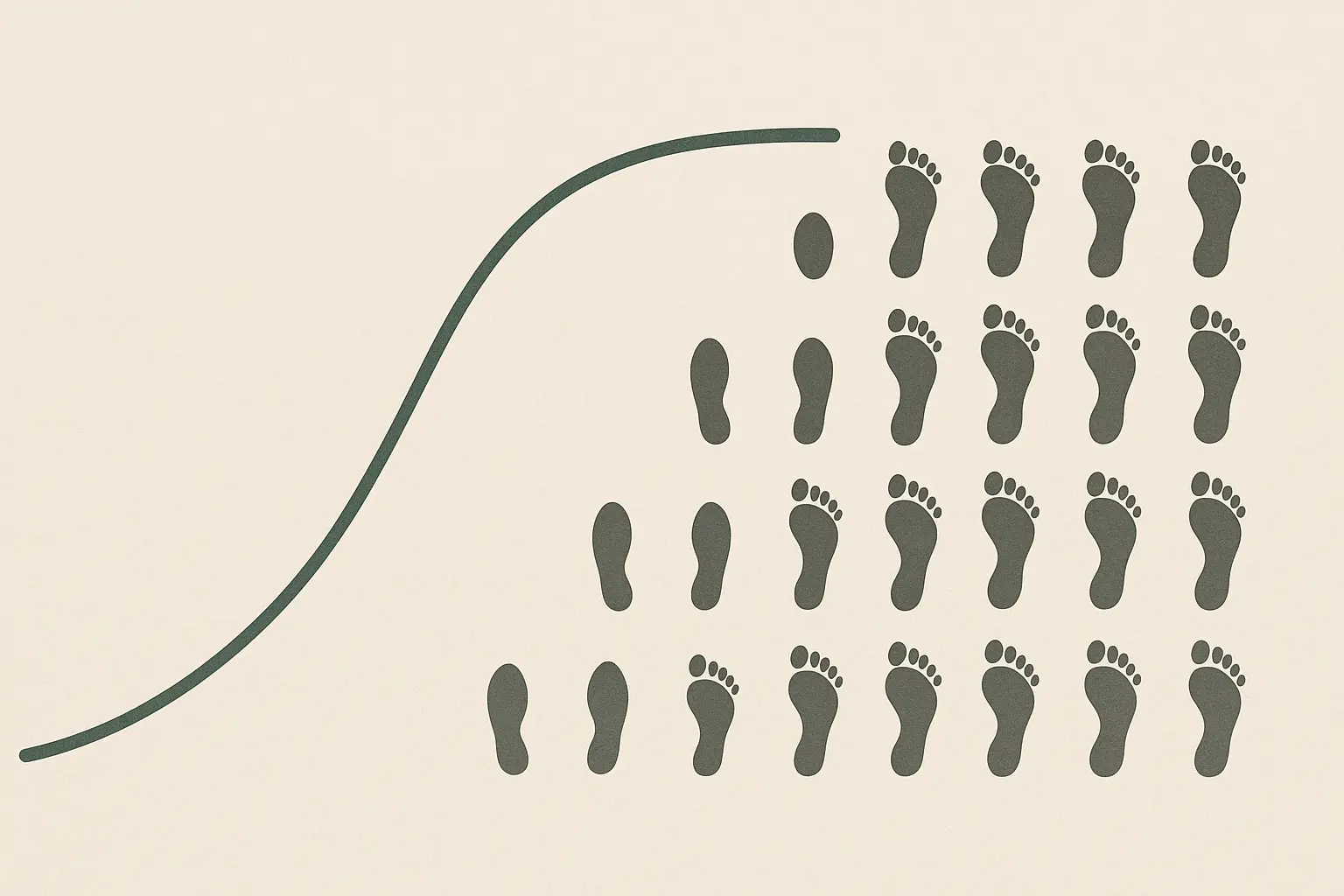 Textfreie Grafik mit ansteigender und abflachender Kurve als Symbol für nichtlinearen Nutzen von mehr Schritten.