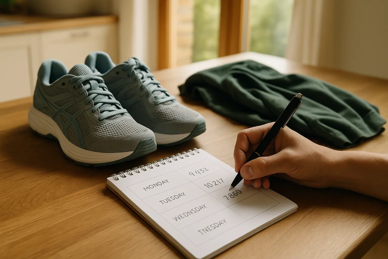 Notizblock mit handschriftlichen Tageswerten neben Schuhen in einer warmen Wohnküche.