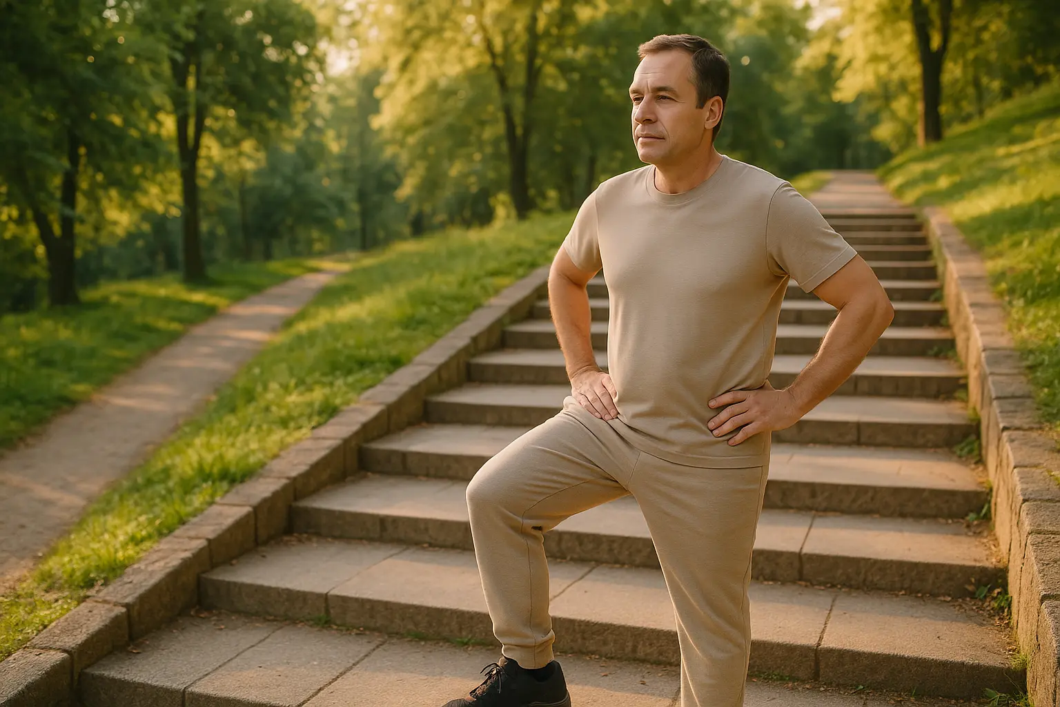 Person macht eine kurze Pause an einer Parktreppe als Symbol für dosierte Belastung und Pausen.
