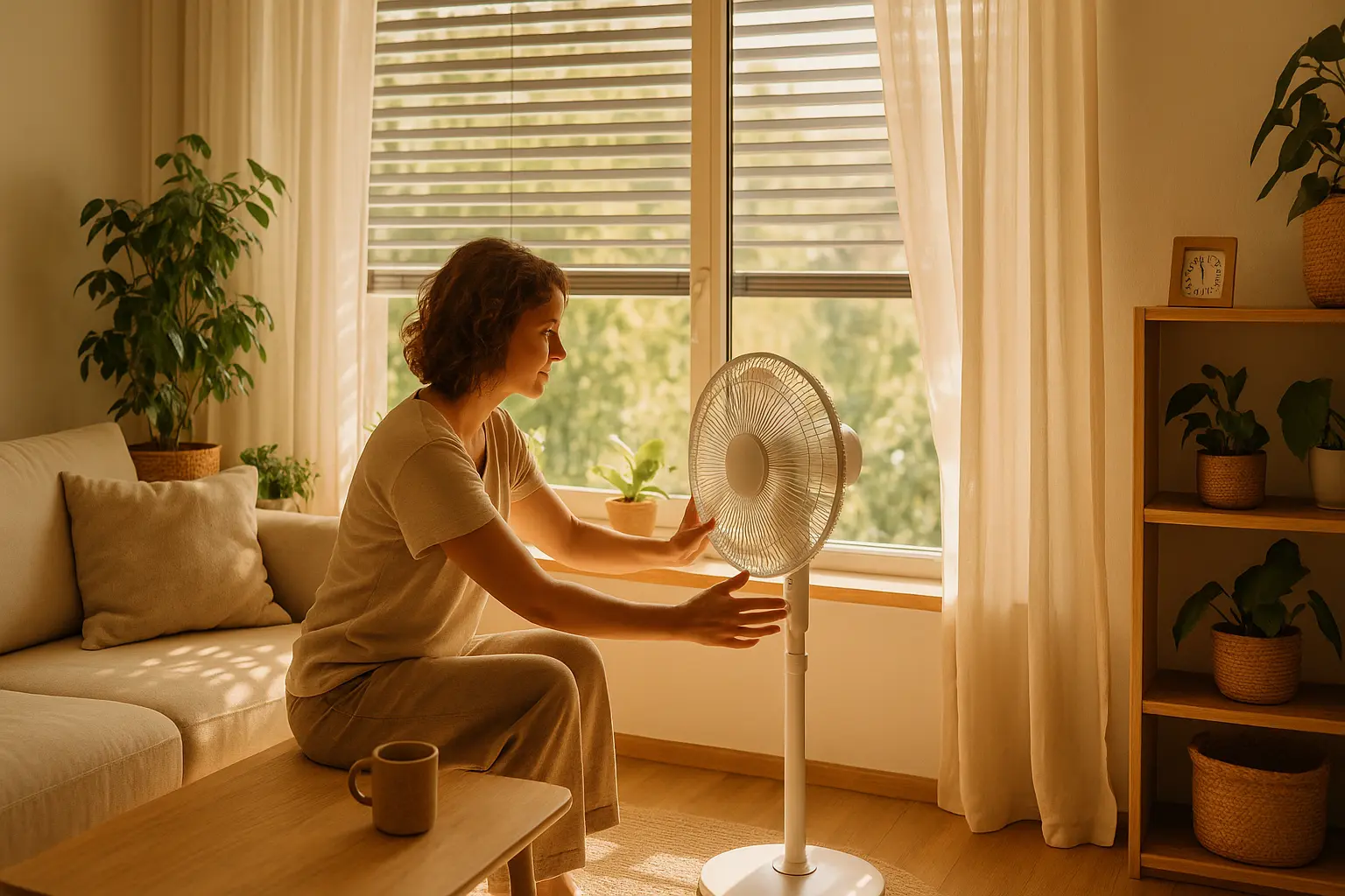 Wohnzimmer am Sommermorgen mit verschatteten Fenstern, Ventilator und natürlichem Licht als Symbol für passive...