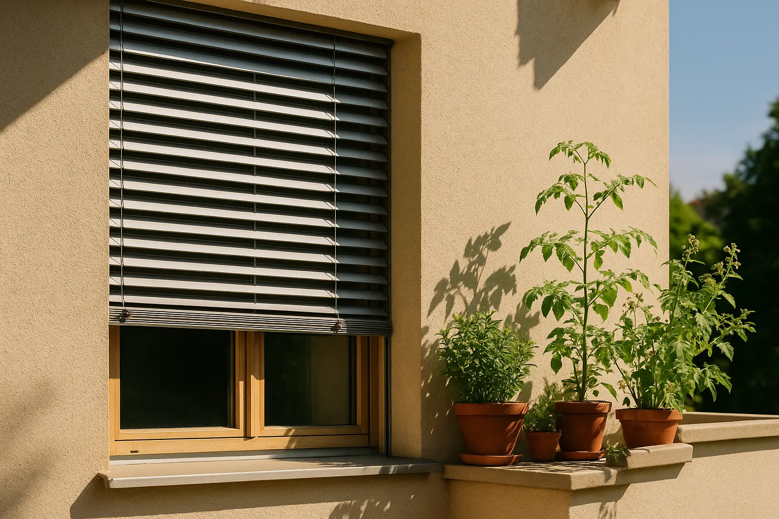 Außenliegender Sonnenschutz am Fenster wirft Schatten auf die Fassade und reduziert direkte Sonneneinstrahlung.