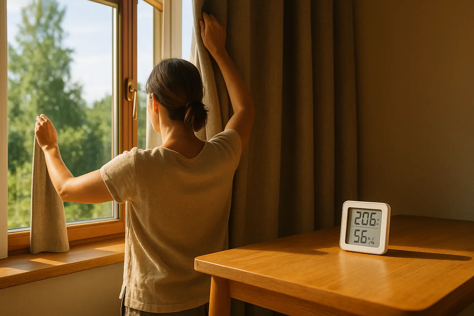 Person schließt morgens ein Fenster und zieht einen Vorhang zu, neben einem Thermometer im Wohnraum.