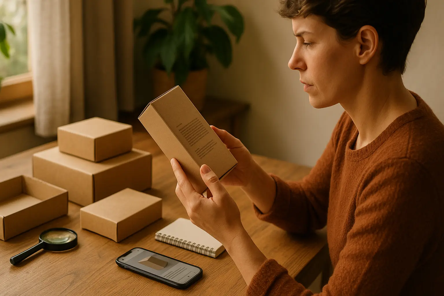 Person prüft zu Hause kritisch eine Produktverpackung mit Lupe und Smartphone, um Greenwashing zu erkennen