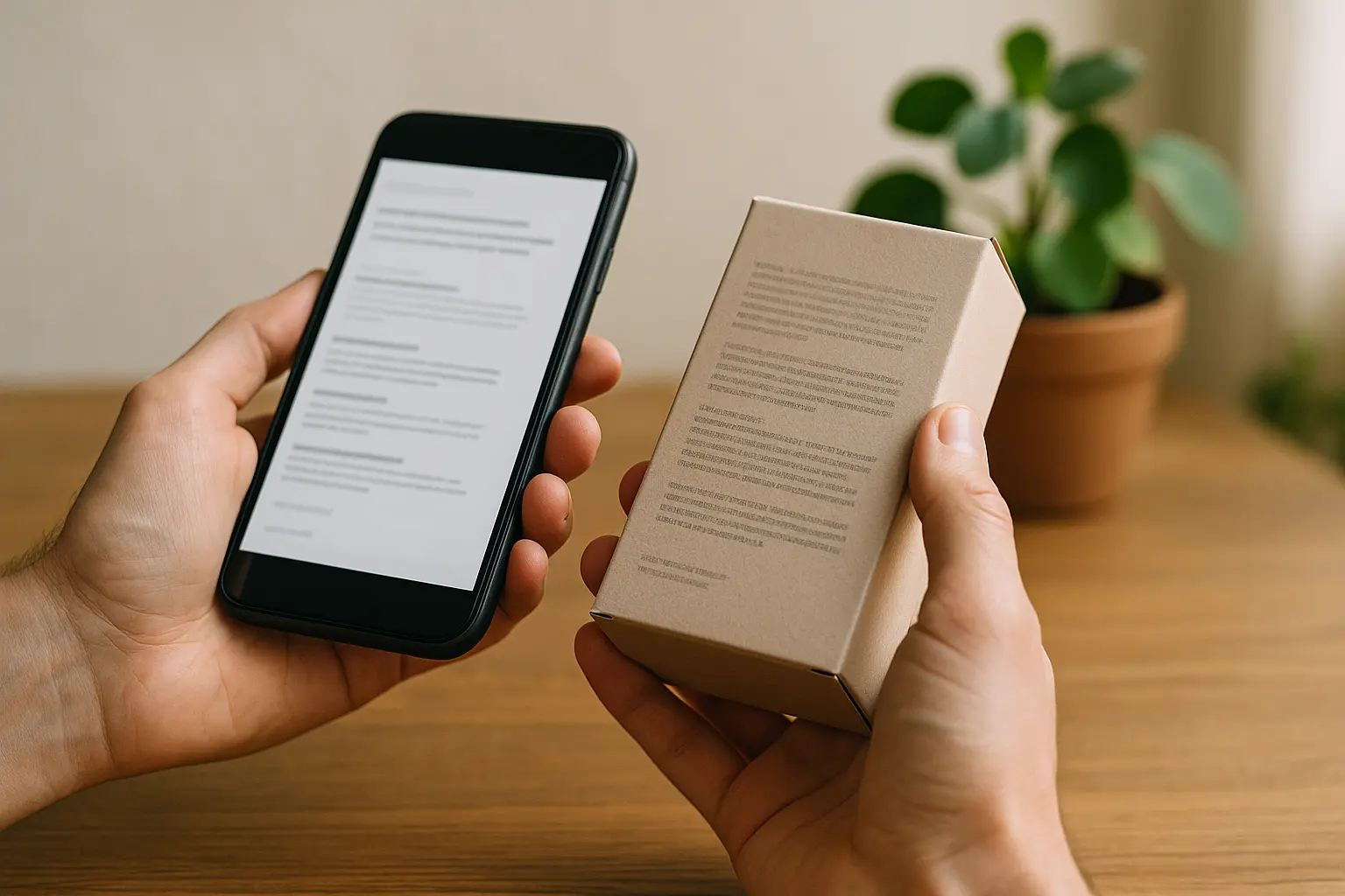Hände vergleichen Produktverpackung und Smartphone-Produktseite, um Angaben zu Umweltversprechen zu prüfen