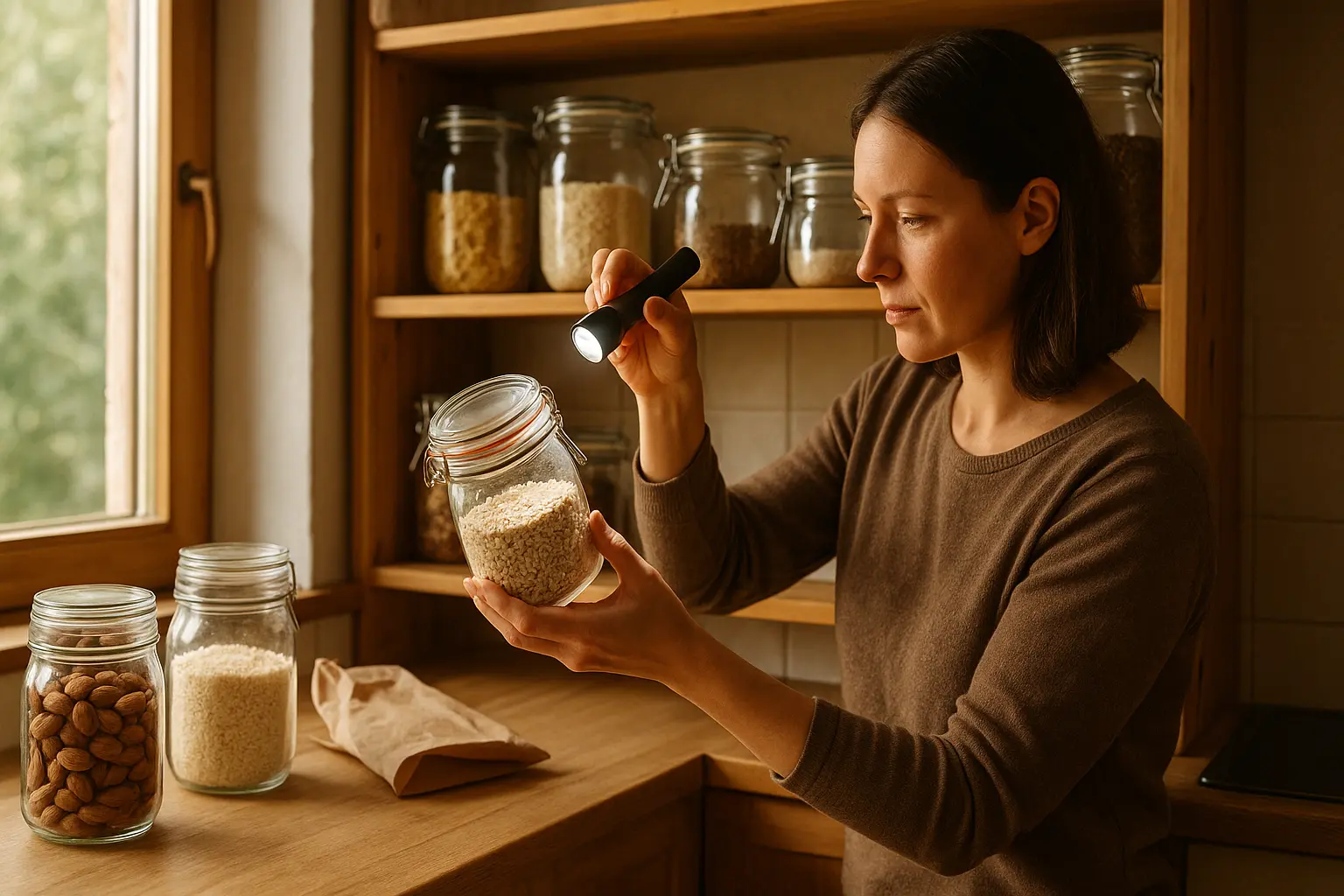 Person prüft in einer warmen Wohnküche Trockenware im Glas mit Taschenlampe, um Gespinste und Verklumpungen früh zu erkennen