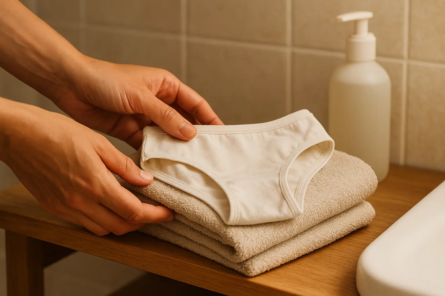 Hände legen frische Baumwollunterwäsche und ein weiches Handtuch bereit, daneben eine schlichte Pumpflasche ohne Etikett